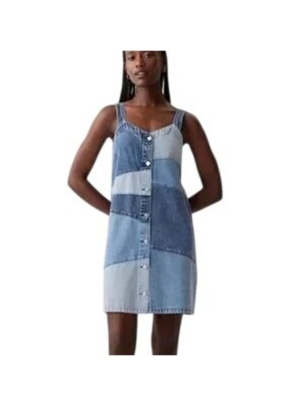 GAP Women's Button Front Patchwork Mini Dress Denim Blue Block Size X Small